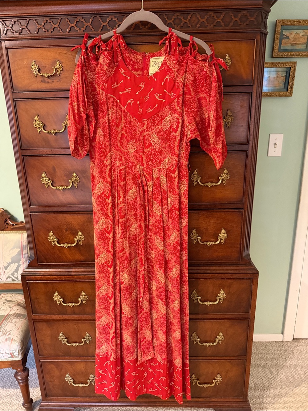 Vintage Red 3 Tie-Shoulder Maxi Dress w/Giraffe Pattern by Sharon’s World